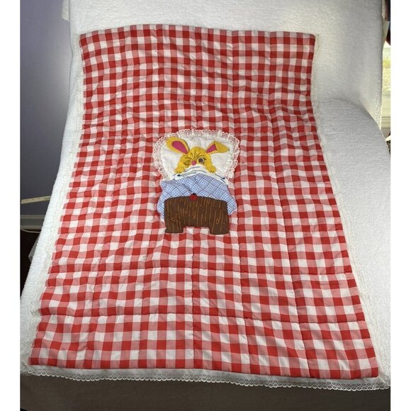 Vintage Baby Crib Toddler Bed Quilt Easter Bunny Red White Gingham 53”x39” - Picture 5 of 13